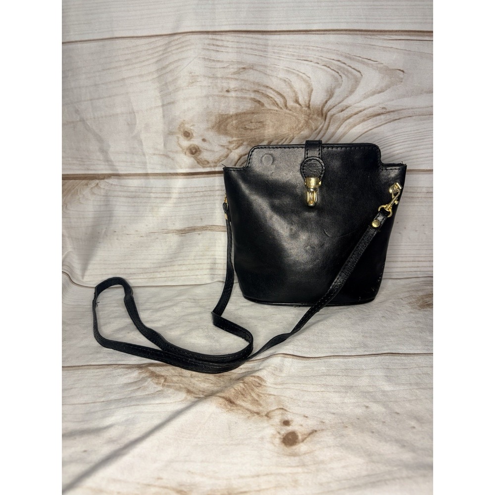 Vintage Black Leather Crossbody Bucket Bag Gold Turn Lock FIMMA Italy Hardware